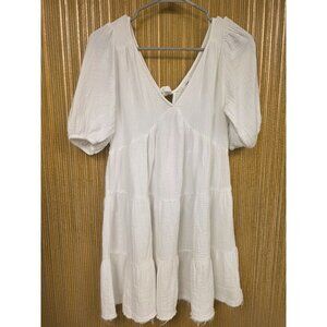 Aerie White Tiered Mini Dress With Puff Sleeves XS Raw Hem Boho Beachy Gauze